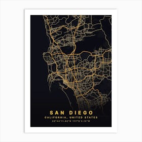 San Diego California USA Black And Gold Map Art Print