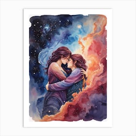 Two Women Hugging In Space Art Print