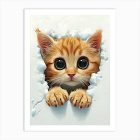 Cute Kitten Cat Peeking From Snow 4 Art Print