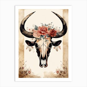 Vintage Boho Bull Skull Flowers Painting (65) Art Print