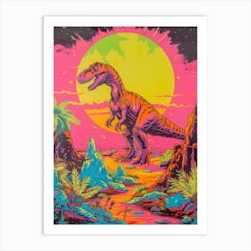 Neon Dinosaur At Night In Jurassic Landscape 3 Art Print