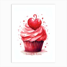 Red Heart Cupcake Watercolor Sweet Valentine Art Print