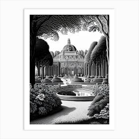 Park Of The Palace Of Versailles, 1, France Linocut Black And White Vintage Art Print