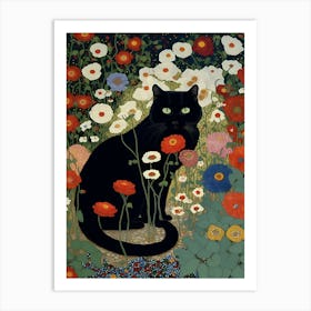 Black Cat In Flowers 2 Art Print