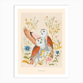 Folksy Floral Animal Drawing Snowy Owl Poster Art Print