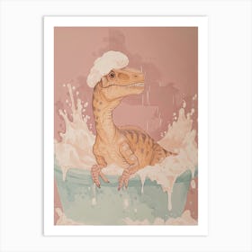 Blush Pink Dinosaur In The Bath Art Print