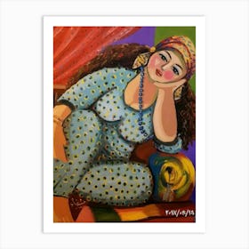 Woman In Blue Pajamas Art Print