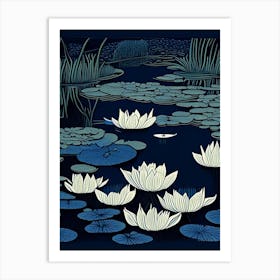 Pond With Lily Pads Water Waterscape Linocut 1 Art Print