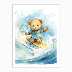 Surfing Teddy Bear Painting Watercolour 3 Art Print