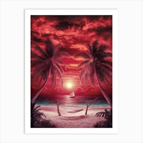 Sunset On The Beach With Palm Trees Art Print