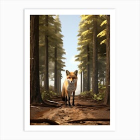 Fox Walking Through A Forest Realism Illustration 4 Art Print