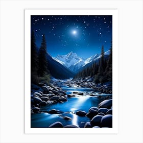 Midnight Dark Night Encompassing Snow Covered Mountain Forests Large Rocks And Pebbles Nestled In D Art Print