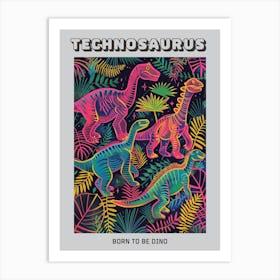 Dinosaur Neon Leaf Pattern Poster Art Print