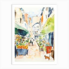 Food Market With Cats In Santander 2 Watercolour Art Print