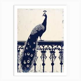 Peacock On Fancy Railing Linocut Inspired 1 Art Print