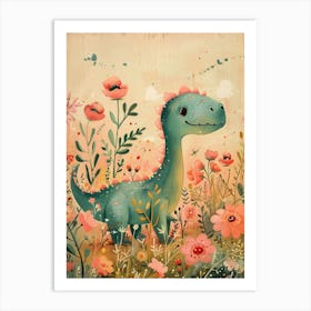 Cute Dinosaur In A Meadow Storybook Painting 2 Art Print