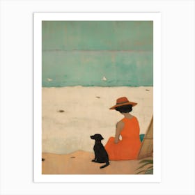 Woman And Dog At The Beach Art Print