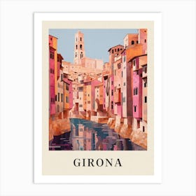 Girona Spain 3 Vintage Pink Travel Illustration Poster Art Print