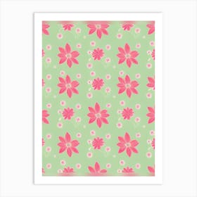 Pink Flowers On Green Background Art Print