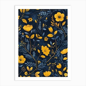 Yellow Flowers On Blue Background Art Print