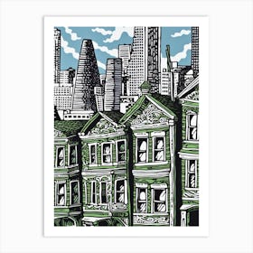 Painted Ladies San Francisco Linocut Illustration Style 3 Art Print