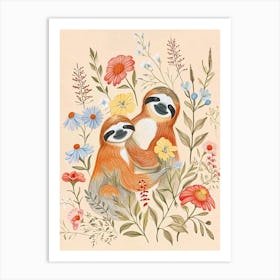 Folksy Floral Animal Drawing Sloth 2 Art Print