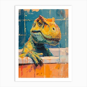Dinosaur In The Bathtub Blue Orange Art Print