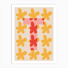 Alphabet Flower Letter T Print - Pink, Yellow, Red Art Print