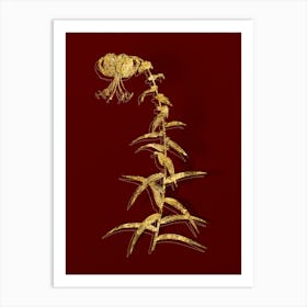 Vintage Tiger Lily Botanical in Gold on Red n.0041 Art Print