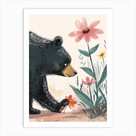 American Black Bear Sniffing A Flower Storybook Illustration 3 Art Print