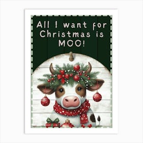 Cute Christmas Cow Forest Green Art Print