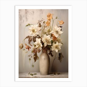 Columbine, Autumn Fall Flowers Sitting In A White Vase, Farmhouse Style 3 Art Print
