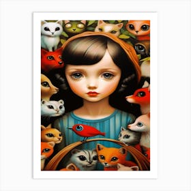 Big Eye Girl Surrounded By Cats Art Print