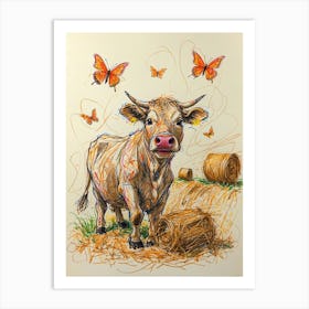 Cow With Butterflies Art Print