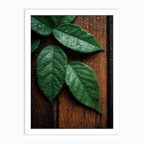 Green Leaves On A Wooden Background Art Print