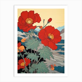 Poppies Mountain Landscape Art Print