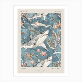 Pastel Blue Tiger Shark Watercolour Seascape Pattern 3 Poster Art Print