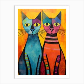 Two Patchwork Colourful Cats Yellow Background Art Print