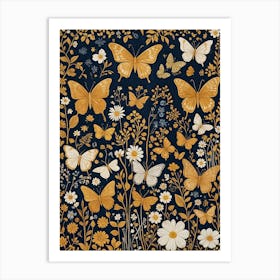 Gold and White Butterflies on Navy Background Art Print