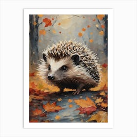 Cottagecore Hedgehog in Autumn - Acrylic Paint Fall Hedgehog with Falling Leaves at Night, Perfect for Witchcore Cottage Core Pagan Tarot Celestial Zodiac Gallery Feature Wall Beautiful Woodland Creatures Series HD 1 Art Print