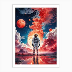 In a red cosmic world, an astronaut stands on a surreal alien planet, witnessing the explosion of a distant world surrounded by moons and stars. Art Print