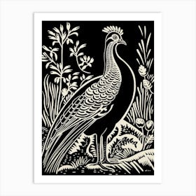 B&W Bird Linocut Pheasant 2 Art Print