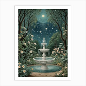 Midnight Fountain In The Garden Art Print