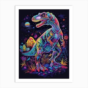 Neon Dinosaur Volcanic Landscape 1 Art Print