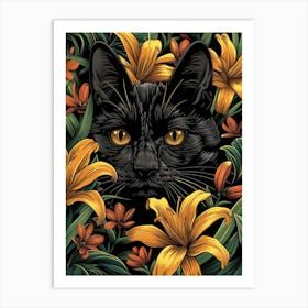 Black Cat With Yellow Lilies 1 Art Print