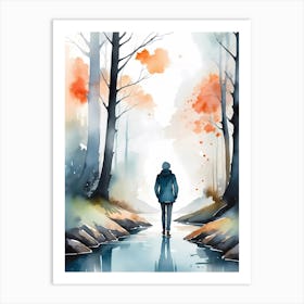 Watercolor Of A Man Walking In The Forest Art Print