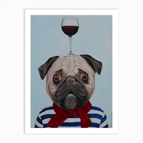 Pug With Wineglass Blue & Brown Art Print