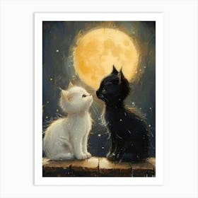 Two Kittens Kissing In The Moonlight Art Print