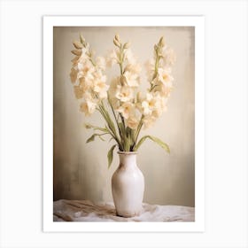 Gladiolus, Autumn Fall Flowers Sitting In A White Vase, Farmhouse Style 1 Art Print