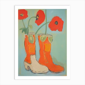 Painting Of Red Flowers And Cowboy Boots, Oil Style 4 Art Print